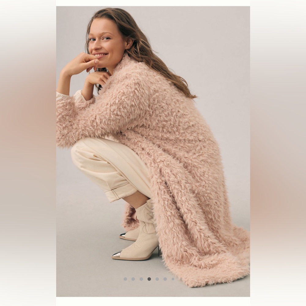 🧸NWT By Anthropologie Faux Fur Shaggy Teddy Duster Coat Jacket Peach Pink🧸 - Picture 4 of 11